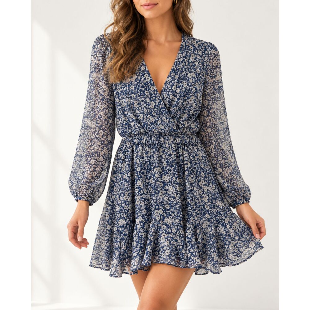 Trixxi Clothing Company Navy Floral Long Sleeve Dress – Size Large